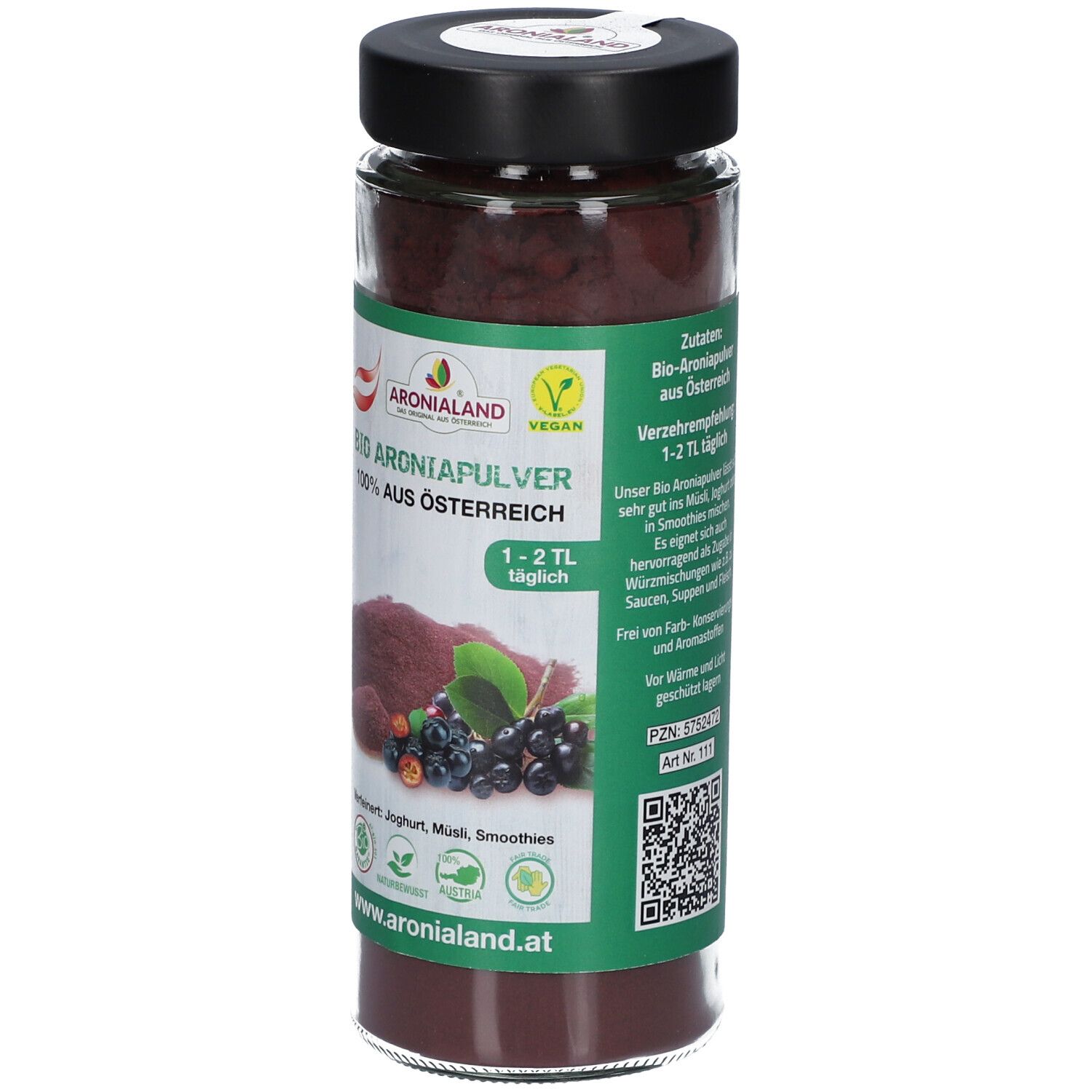 Glasbehälter mit BIO Aronia Pulver. Aufschrift: ARONIALAND BIO ARONIA PULVER, 100% aus Österreich. Vegan-Siegel. QR-Code. Verzehrempfehlung: 1-2 TL täglich.
