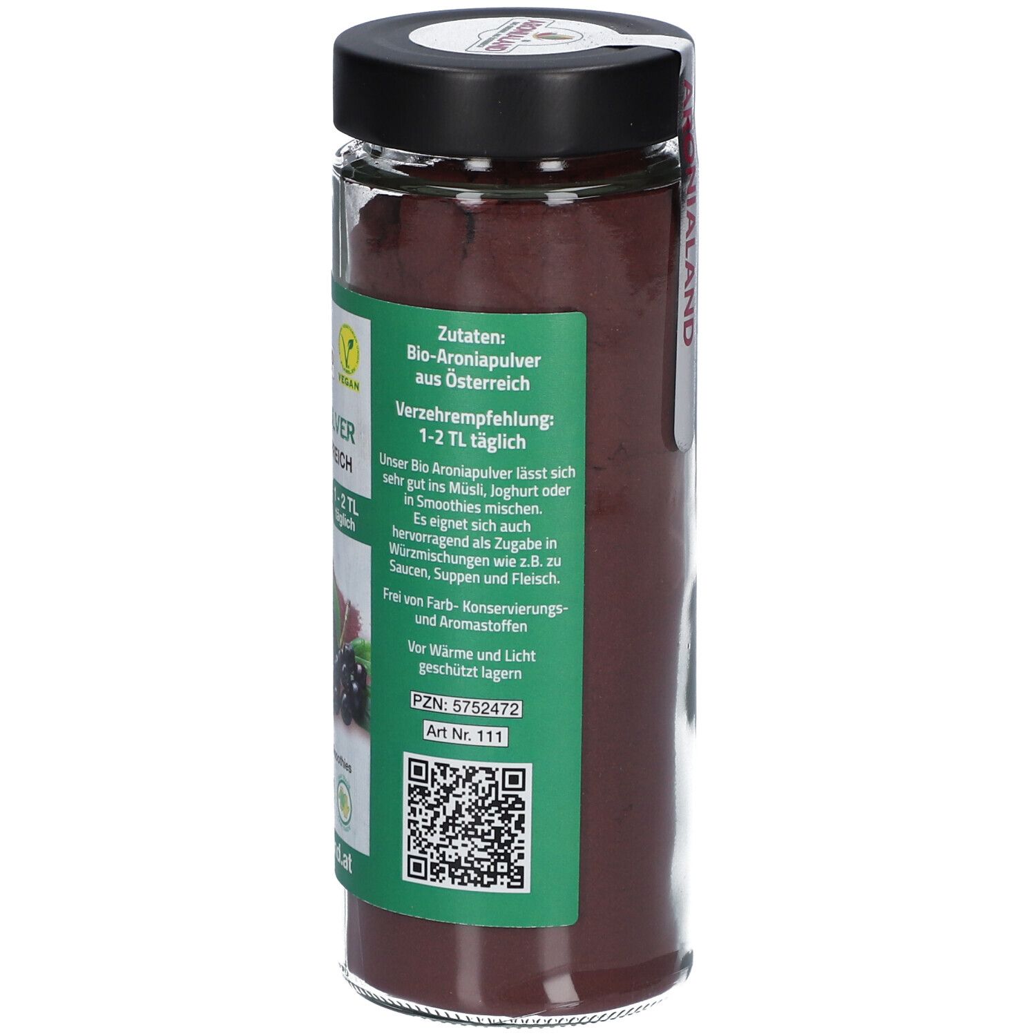 Glasbehälter mit BIO Aronia Pulver. Aufschrift: ARONIALAND. Etikett mit Text und QR-Code. Verzehrempfehlung: 1-2 TL täglich. PZN 5752472.