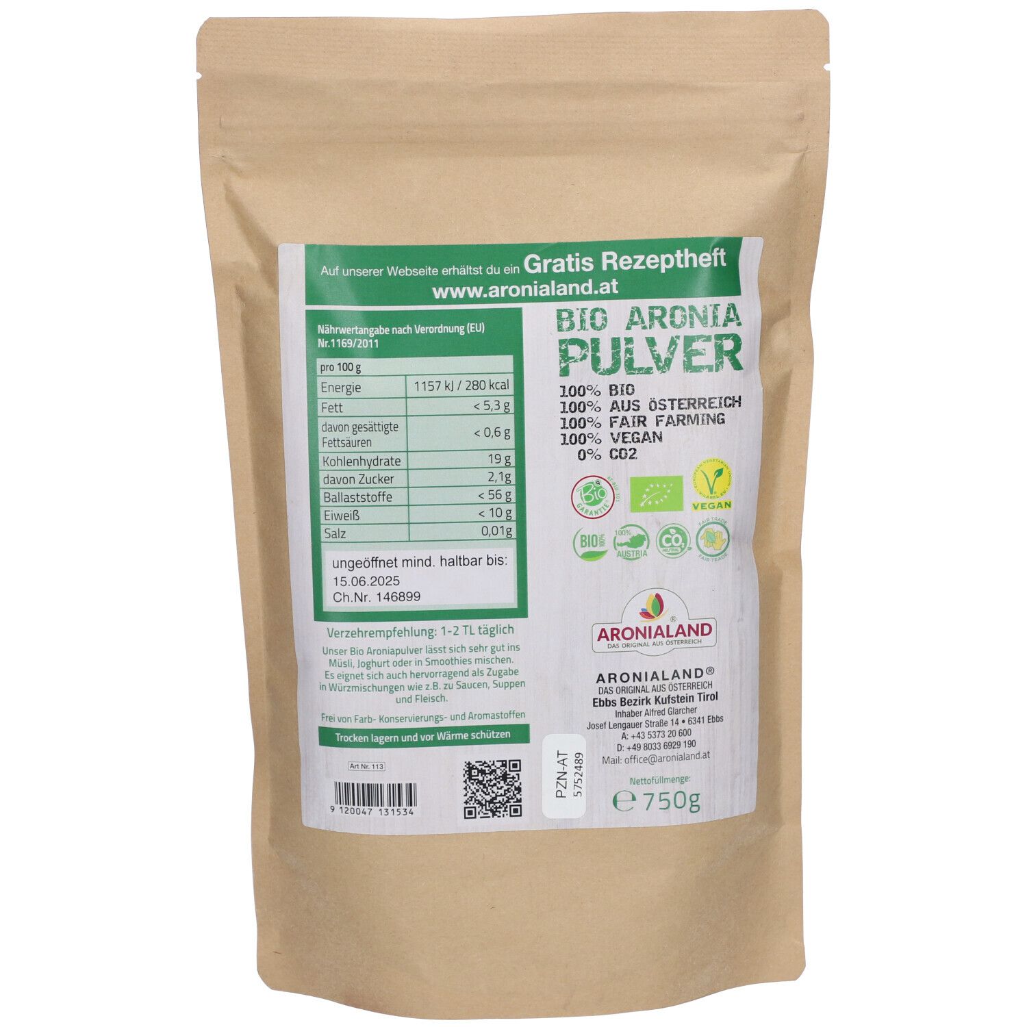 Rückseite des Beutels mit ARONIALAND® BIO-PULVER. Nährwertangaben, Text und Logos. 750g Packung.