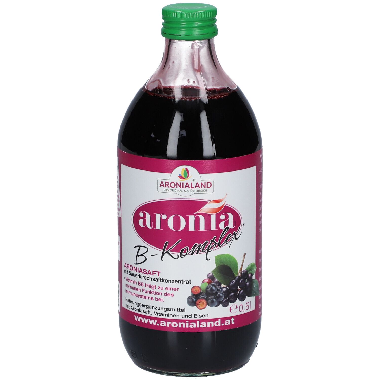 Glasflasche mit roter Flüssigkeit und grünem Verschluss. Etikett mit Produktnamen und Illustration von Aroniabeeren.