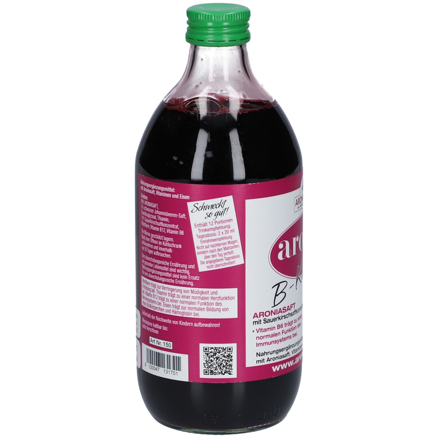 Glasflasche mit roter Flüssigkeit und grünem Verschluss. Etikett mit Produktinformationen und QR-Code.