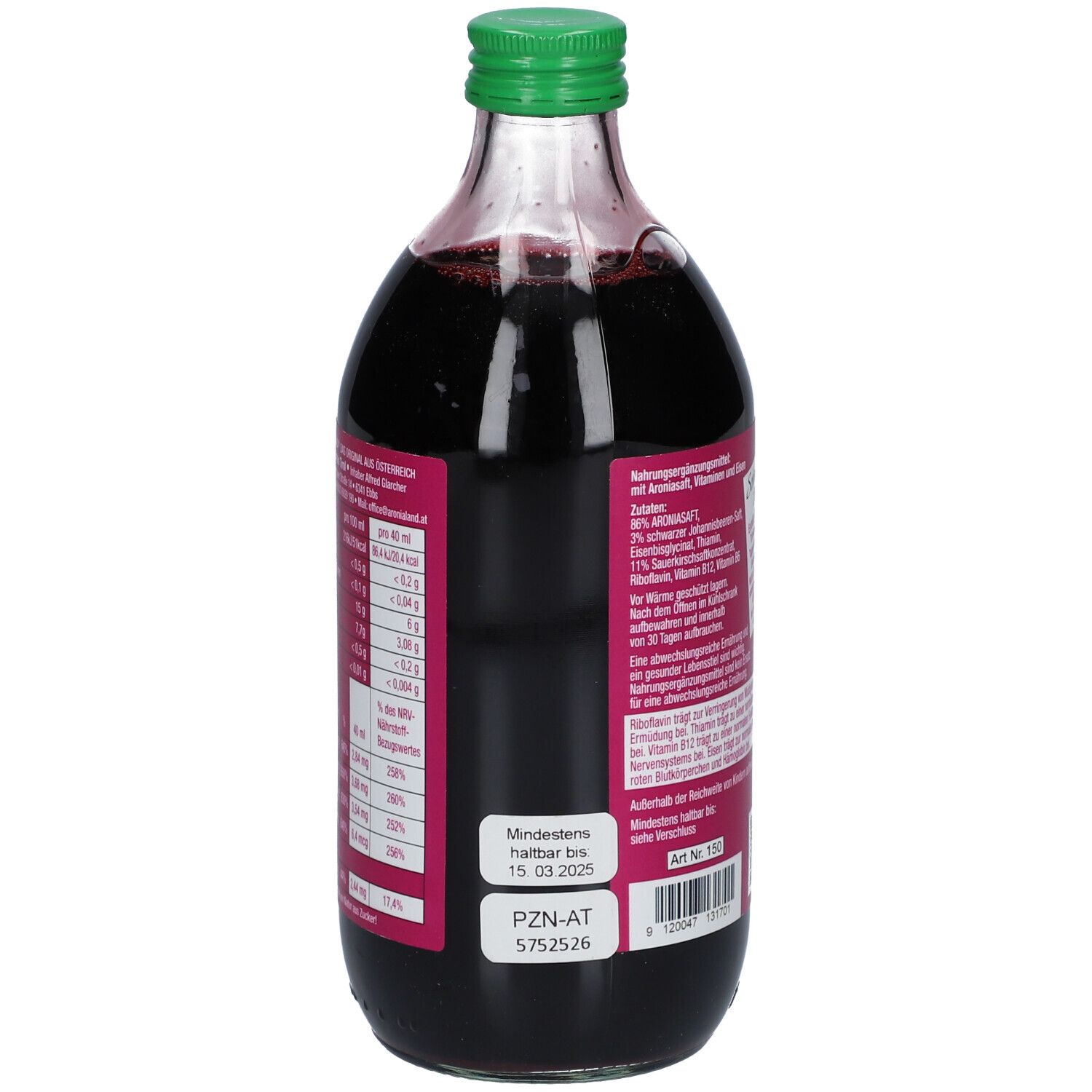 Glasflasche mit roter Flüssigkeit und grünem Verschluss. Etikett mit Nährwertangaben und Mindesthaltbarkeitsdatum.