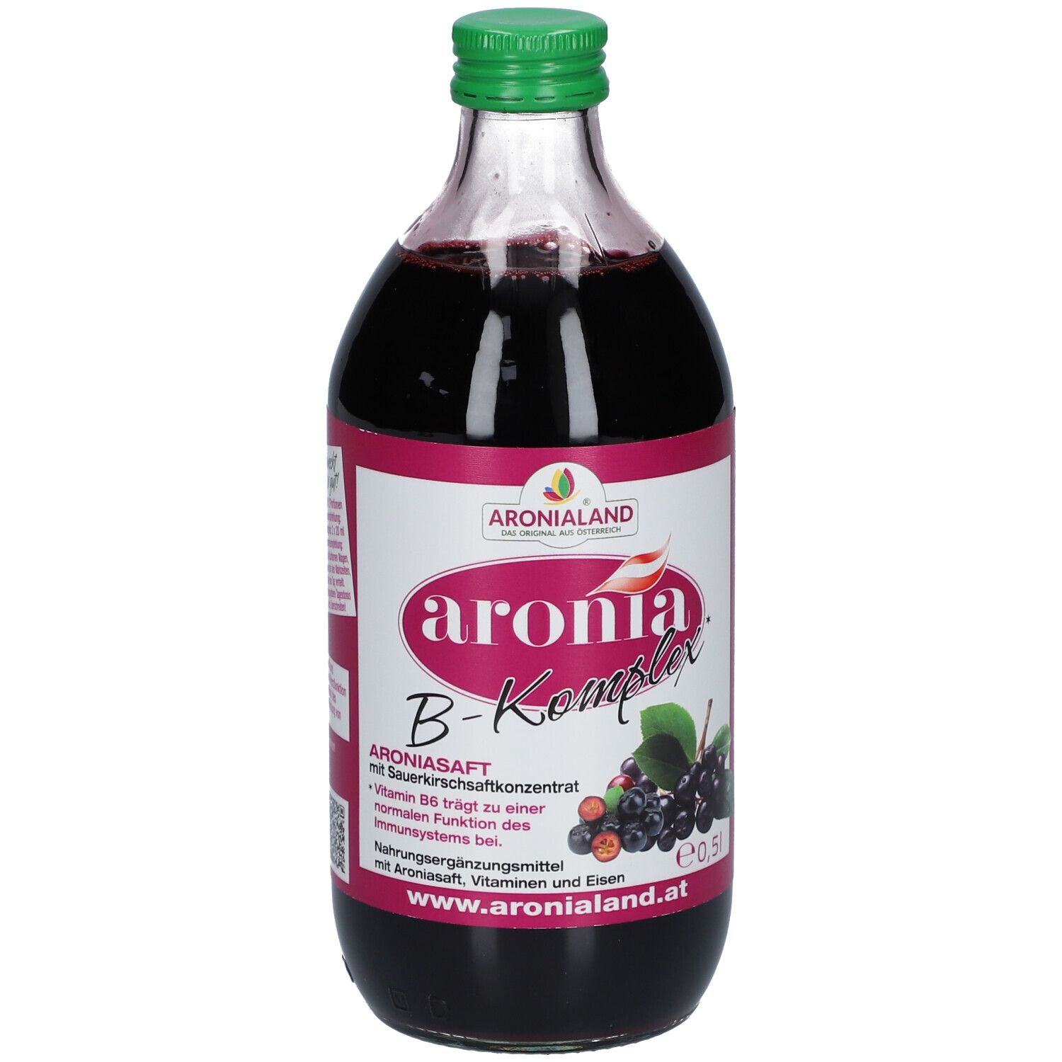 Glasflasche mit roter Flüssigkeit und grünem Verschluss. Etikett mit Produktnamen und Illustration von Aroniabeeren.