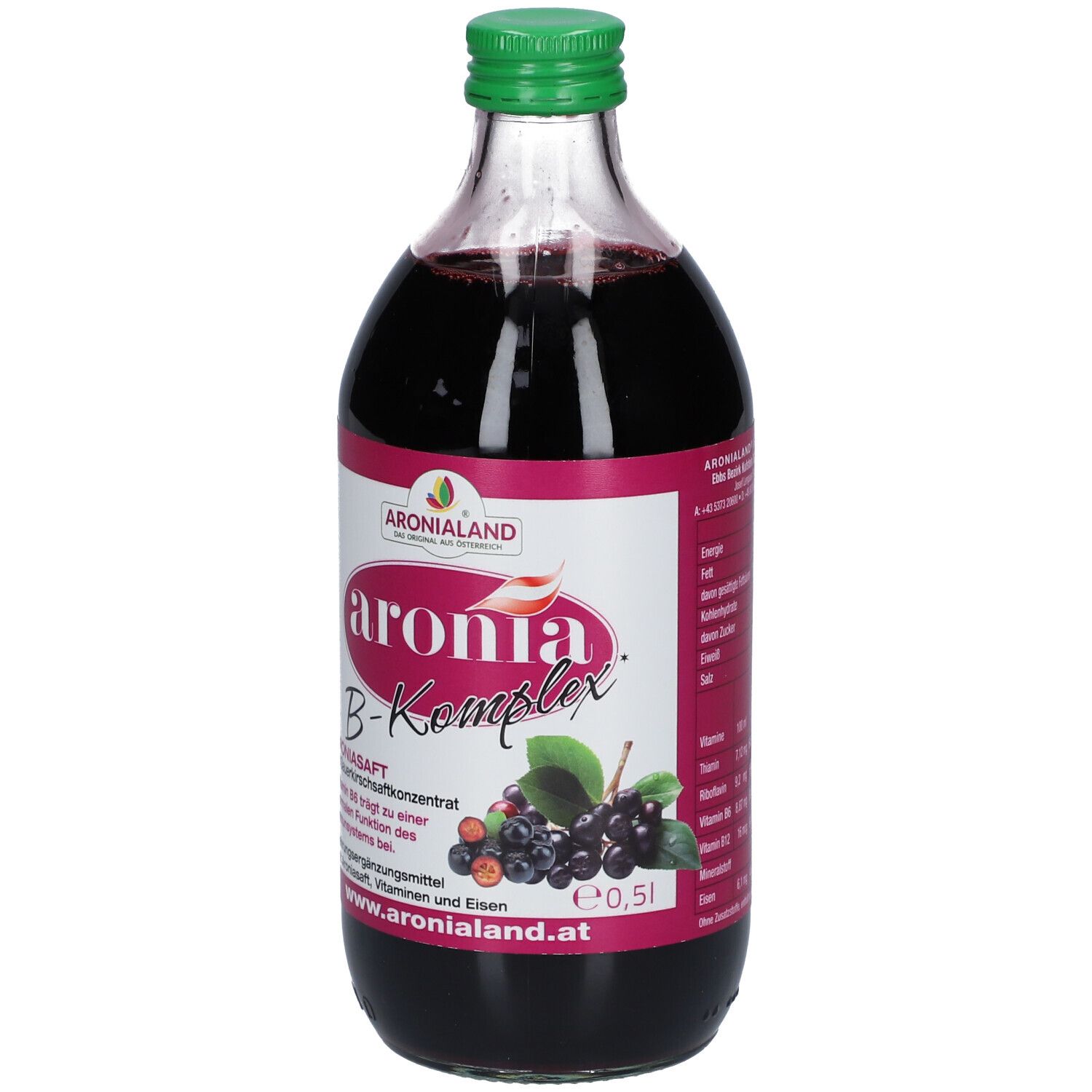 Glasflasche mit roter Flüssigkeit und grünem Verschluss. Etikett mit Produktnamen und Illustration von Aroniabeeren.