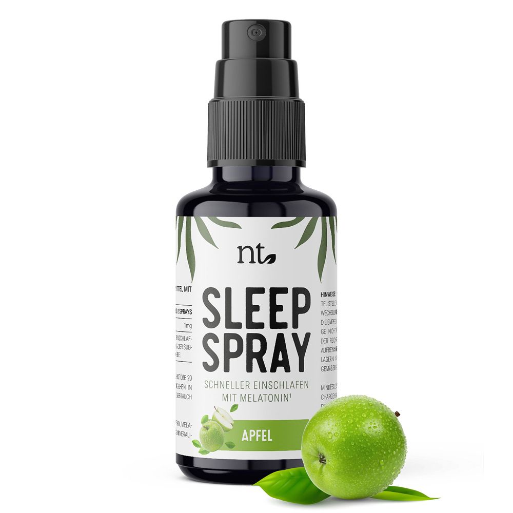 Schwarze Sprühflasche mit "nt. SLEEP SPRAY" Etikett und einer grünen Apfeldekoration.