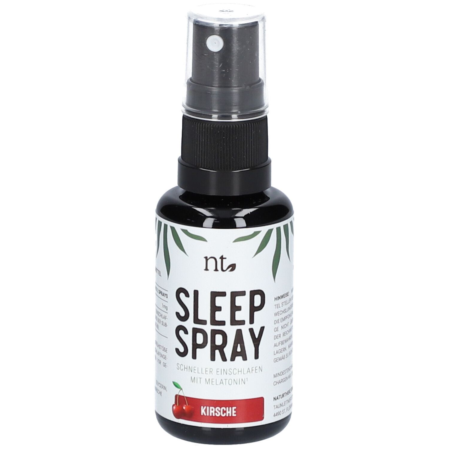 Schwarze Flasche mit Sprühkopf. Aufschrift: Sleep Spray Kirsche. Mit Melatonin. Logo: nt.