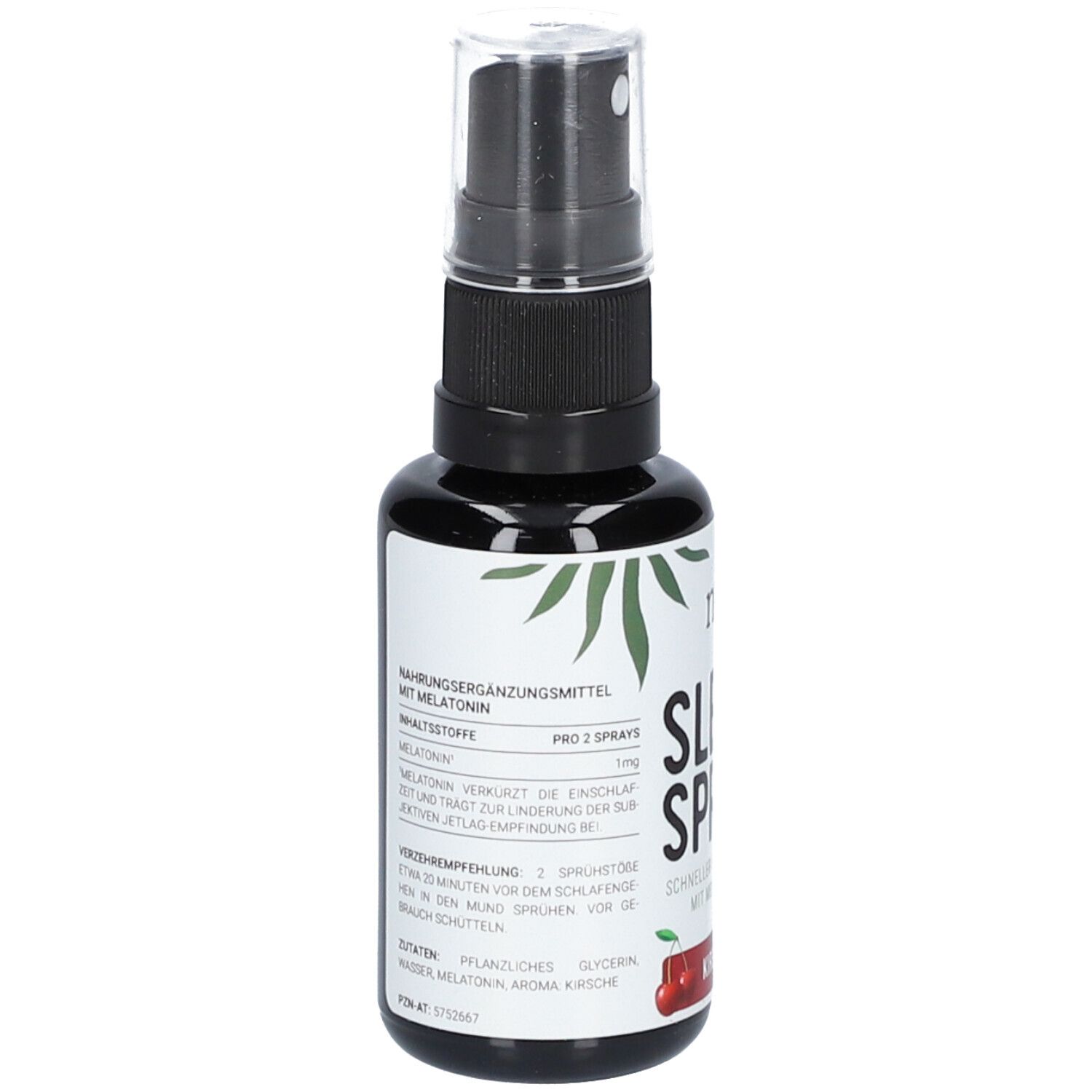 Schwarze Flasche mit Sprühkopf. Aufschrift: Sleep Spray Kirsche. Mit Melatonin. Enthält Melatonin. Logo: nt.
