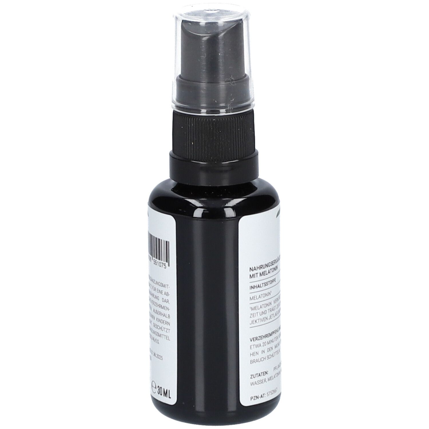 Schwarze Flasche mit Sprühkopf. Etikett mit Text. Aufschrift: 30 ml. Logo: nt.