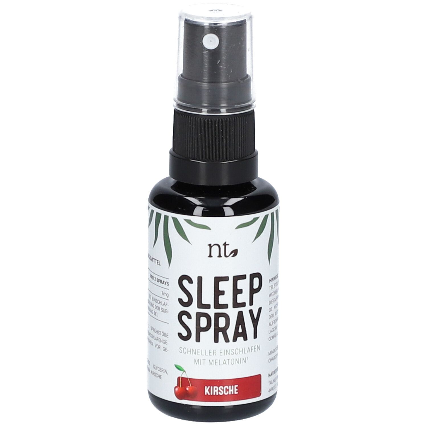 Schwarze Flasche mit Sprühkopf. Aufschrift: Sleep Spray Kirsche. Mit Melatonin. Logo: nt.