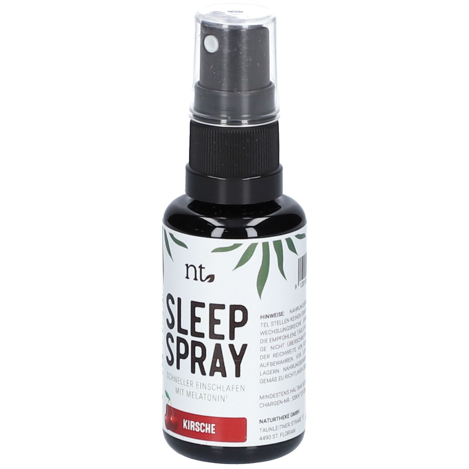 Schwarze Flasche mit Sprühkopf. Aufschrift: Sleep Spray Kirsche. Mit Melatonin. Logo: nt.