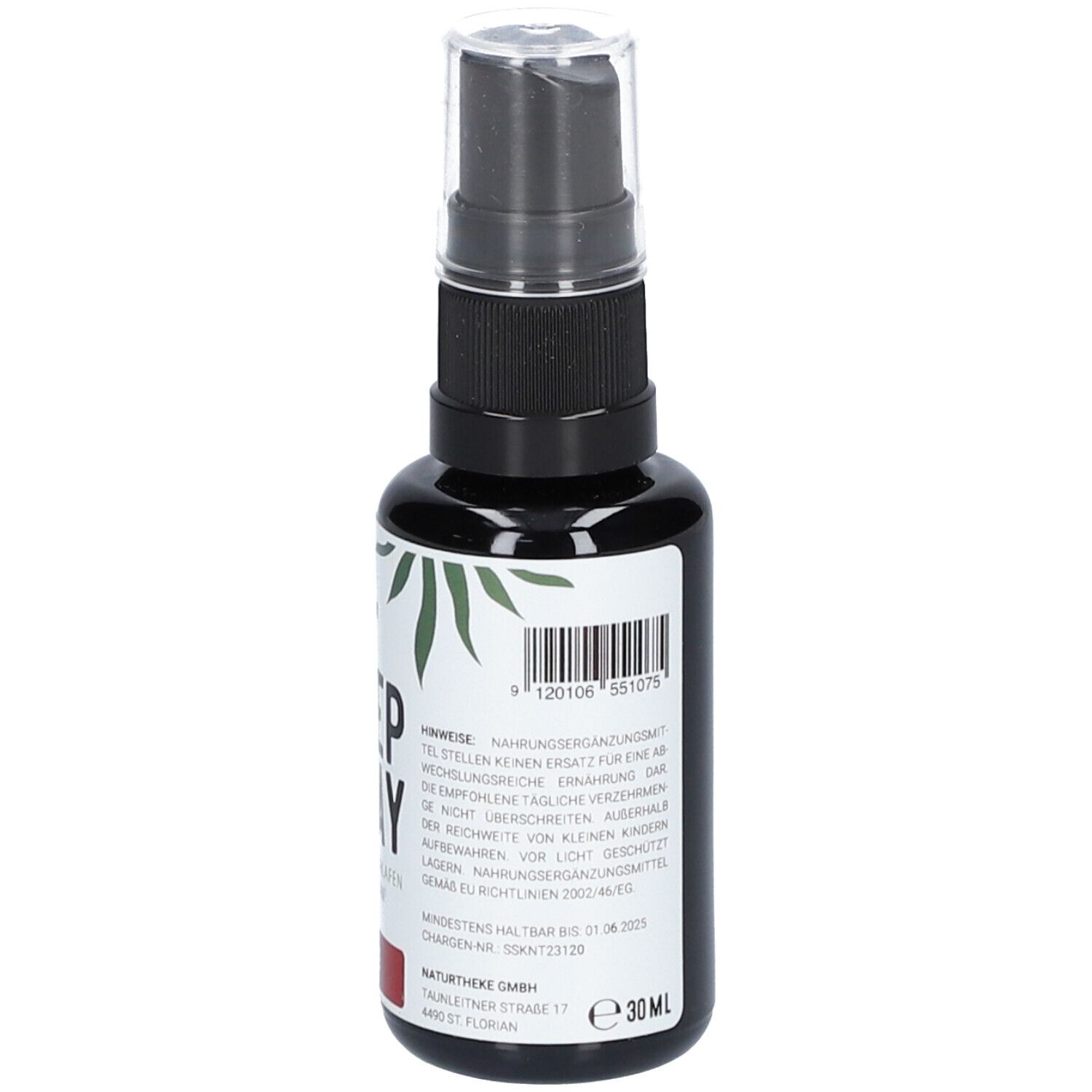 Schwarze Flasche mit Sprühkopf. Aufschrift: Sleep Spray. Logo: nt. Enthält 30 ml.
