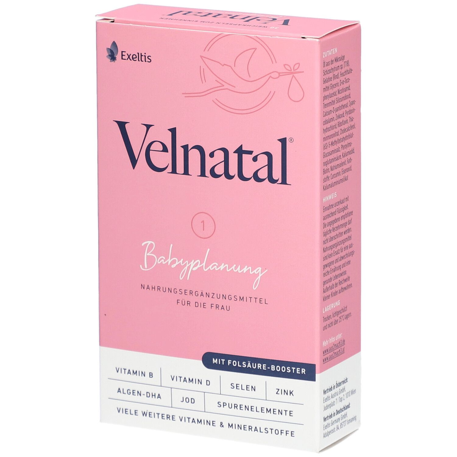 Rosa Schachtel mit "Velnatal Babyplanung". Enthält Vitamine und Mineralstoffe. Marke: Exeltis.