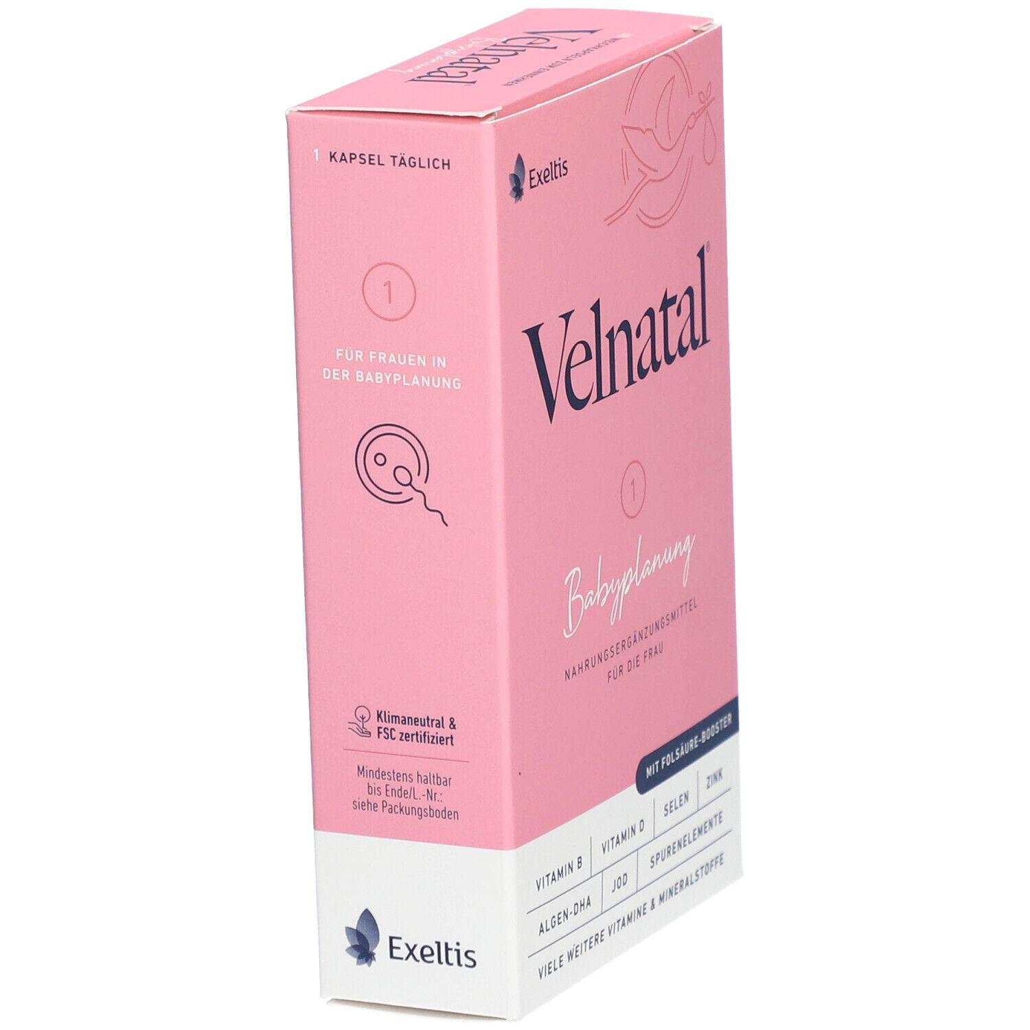 Schachtel "Velnatal Babyplanung" in rosa. Enthält 7 Kapseln. Marke: Exeltis. FSC-zertifiziert.