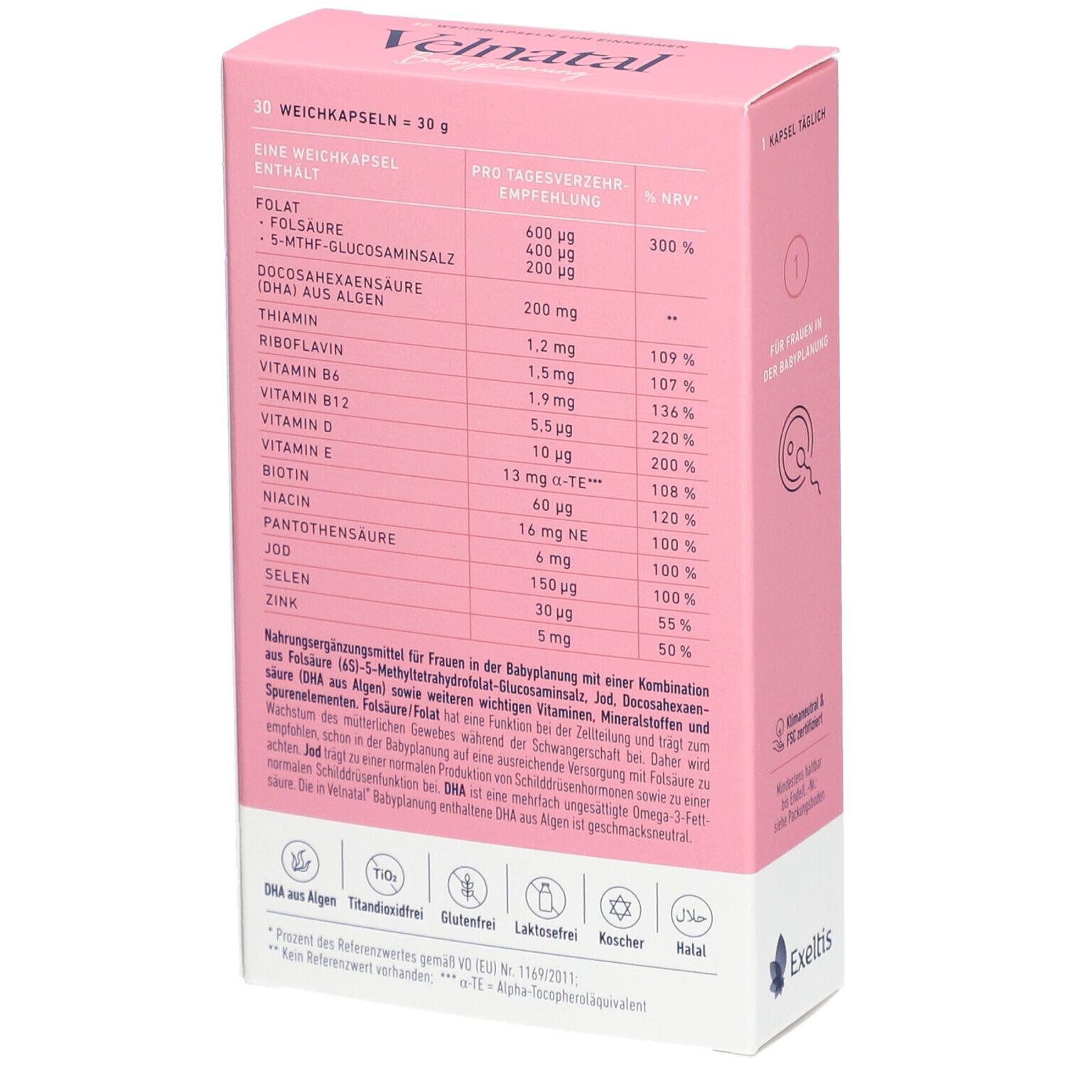 Rückseite der rosa "Velnatal Babyplanung"-Schachtel. Enthält Nährwertangaben. Marke: Exeltis.
