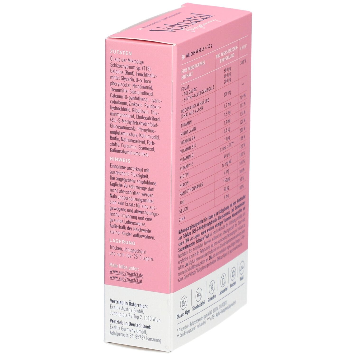 Seite der rosa "Velnatal Babyplanung"-Schachtel mit Inhaltsstoffen und Warnhinweisen. Marke: Exeltis.