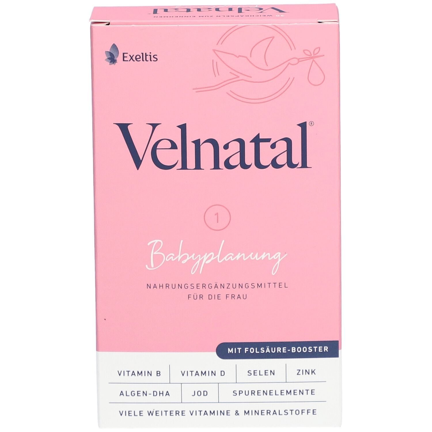 Rosa Schachtel "Velnatal Babyplanung". Enthält Nahrungsergänzungsmittel für Frauen. Marke: Exeltis.