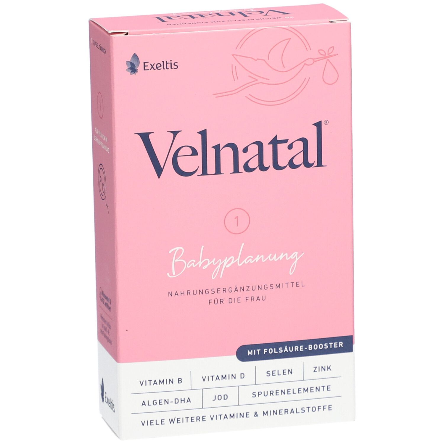 Rosa Schachtel "Velnatal Babyplanung". Enthält Nahrungsergänzungsmittel für Frauen. Marke: Exeltis.