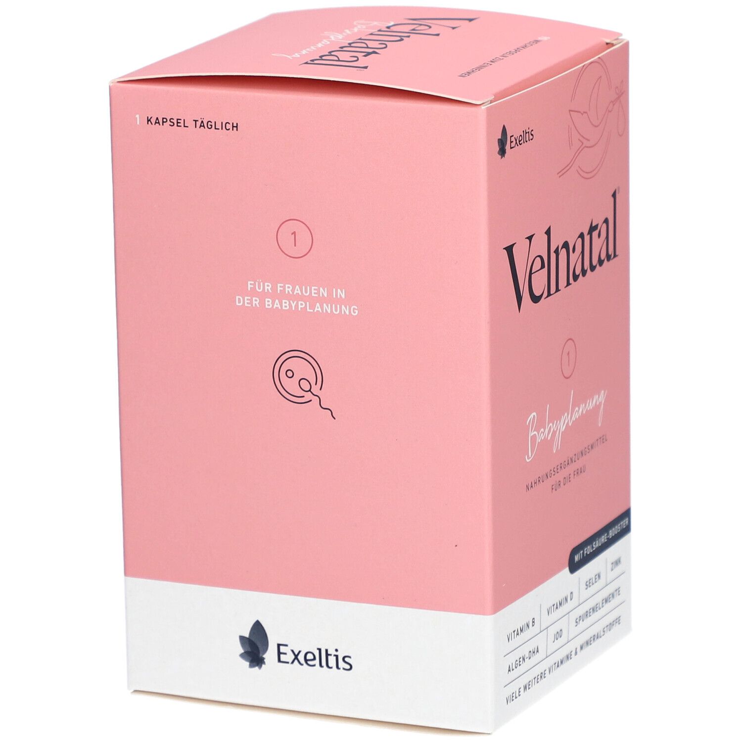 Emballage rose Velnatal Babyplanung. Montre un ovule. Contient des gélules. Logo Exeltis.