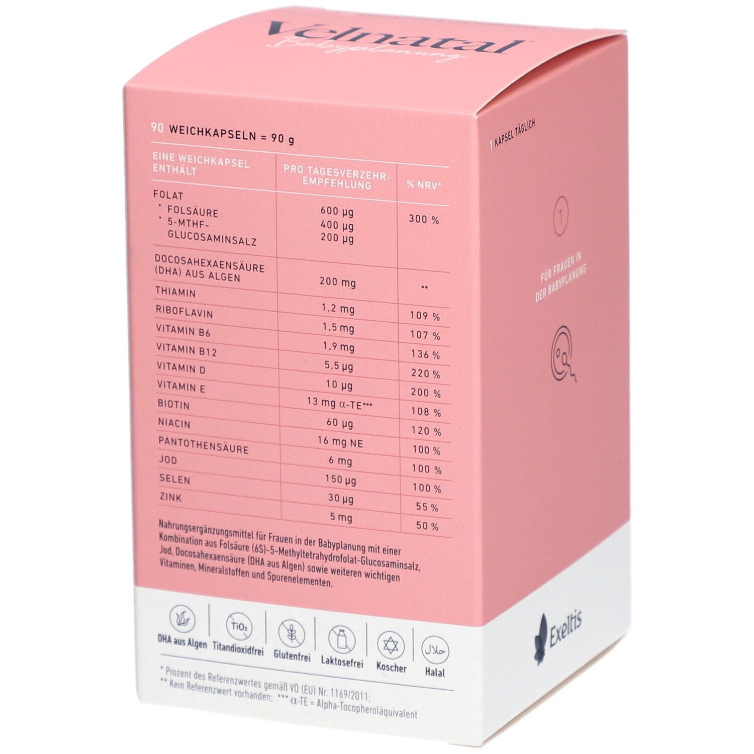 Boîte rose Velnatal Babyplanung. Contient des informations nutritionnelles. 90 gélules. Logo Exeltis.