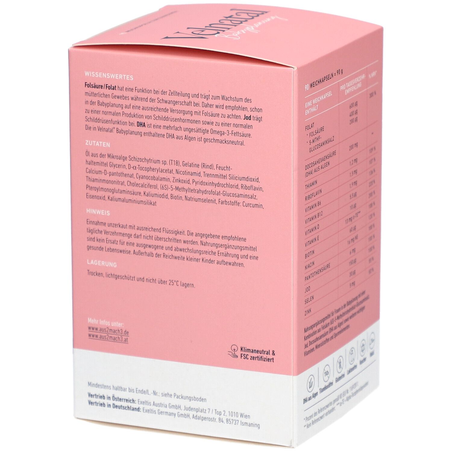 Boîte rose Velnatal Babyplanung. Contient des informations sur les ingrédients et le stockage. Logo Exeltis.