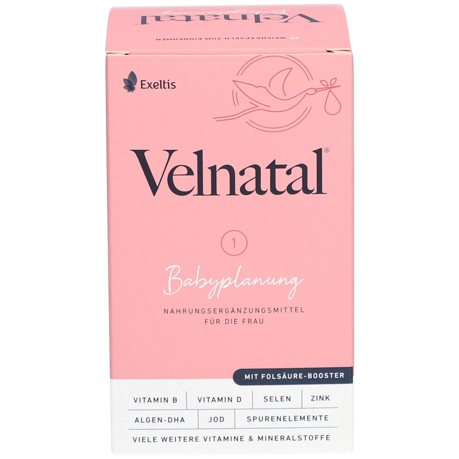 Boîte rose Velnatal Babyplanung. Contient vitamine B, D, sélénium, zinc, algues-DHA, iode et oligo-éléments. Logo Exeltis.