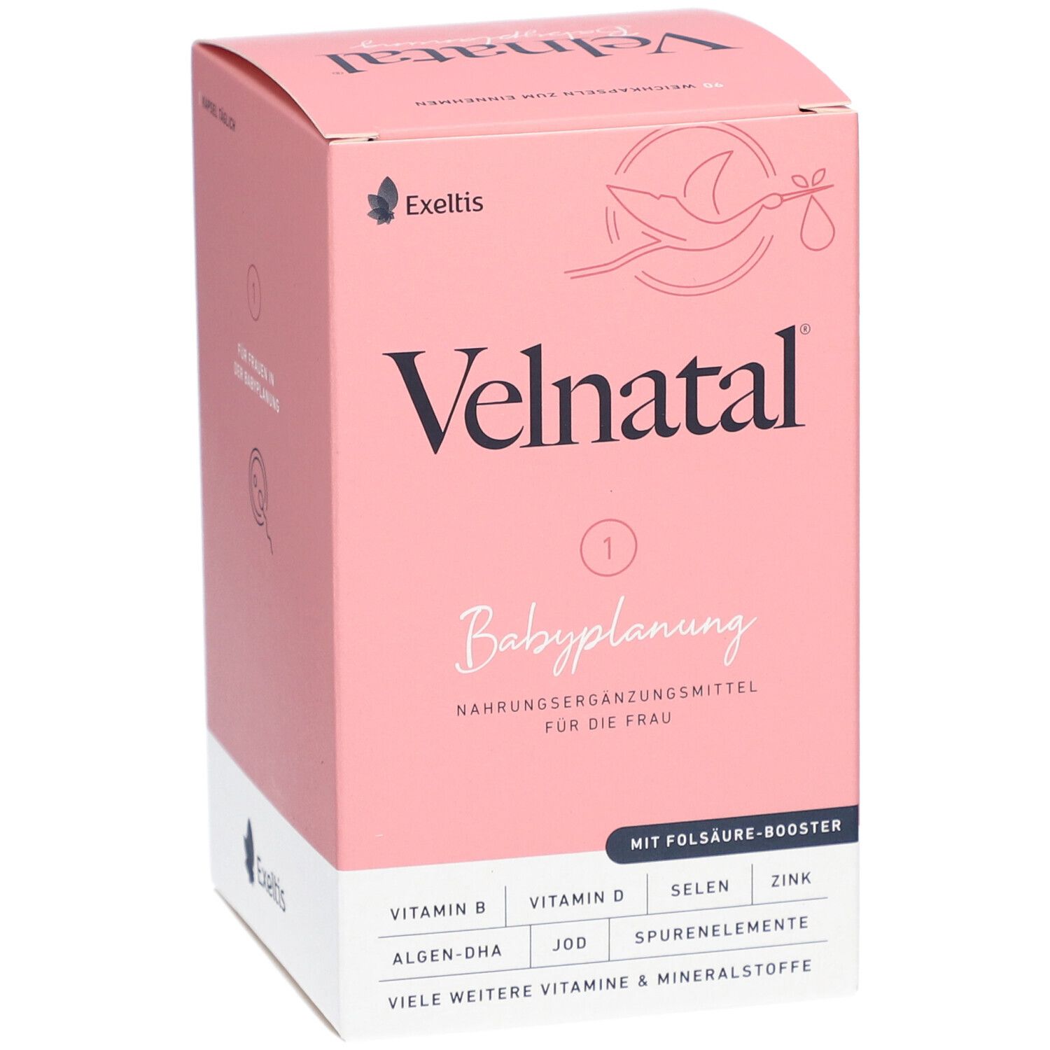 Boîte rose Velnatal Babyplanung. Contient vitamine B, D, sélénium, zinc, algues-DHA, iode et oligo-éléments. Logo Exeltis.