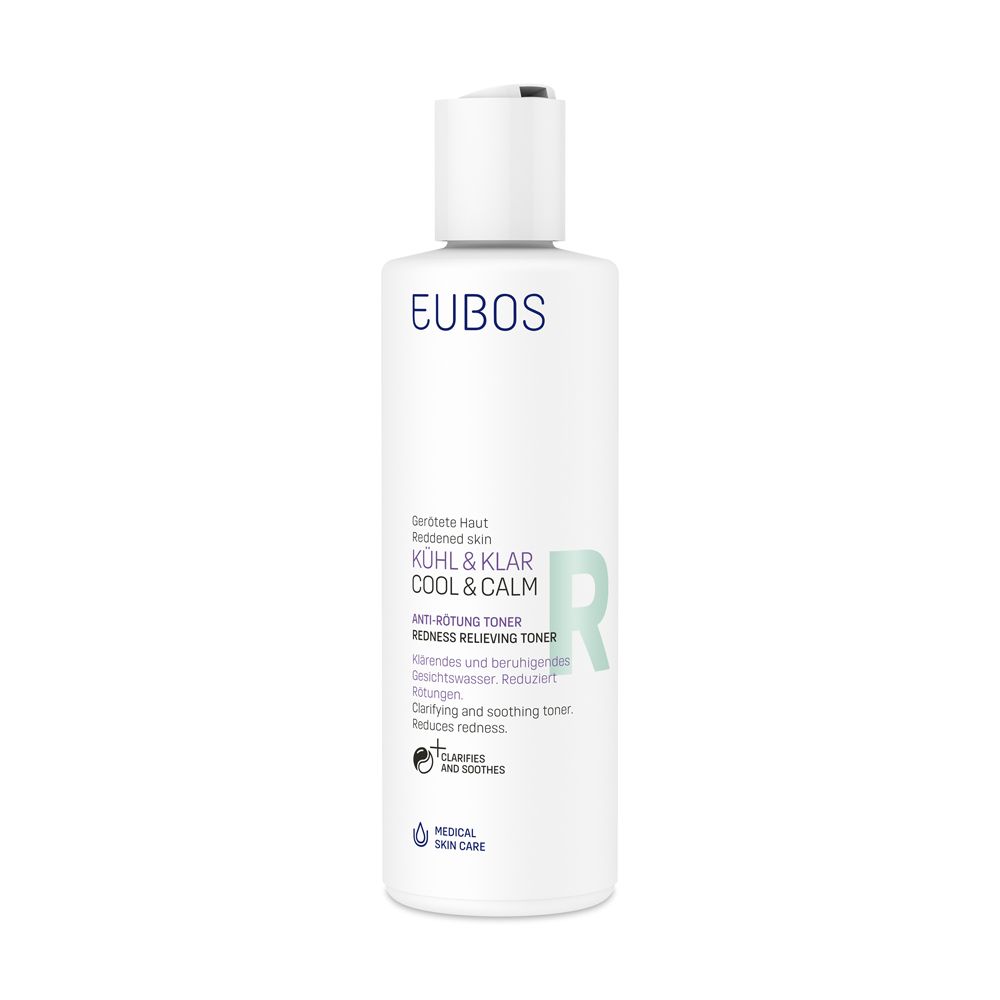 Weiße Flasche mit weißem Deckel. Aufschrift: EUBOS, KÜHL & KLAR COOL & CALM, Anti-Rötung Toner. Medizinische Hautpflege.