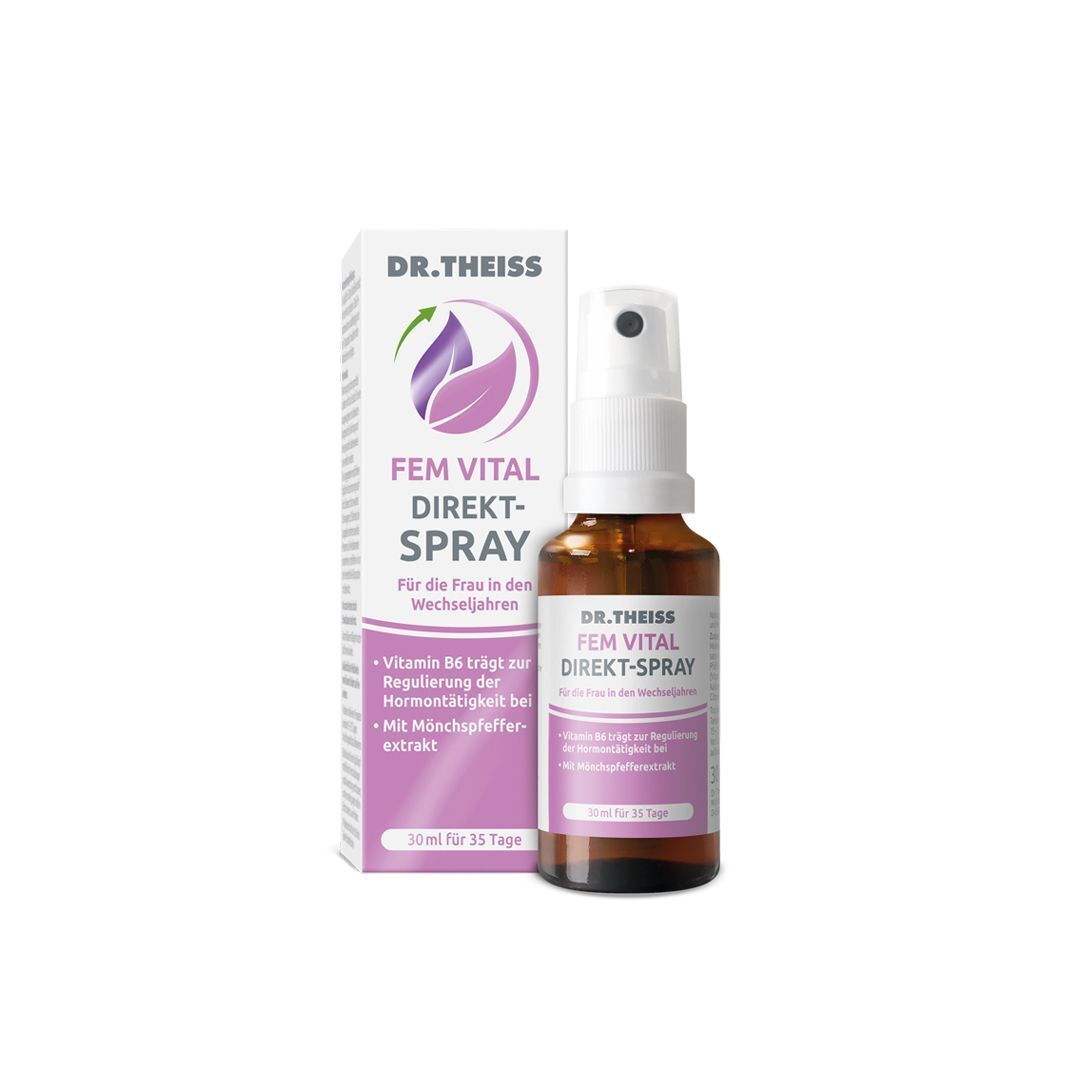 DR. THEISS Fem Vital Direkt-Spray. Braune Glasflasche mit Sprühkopf und Karton. Produktname und Logo sichtbar.