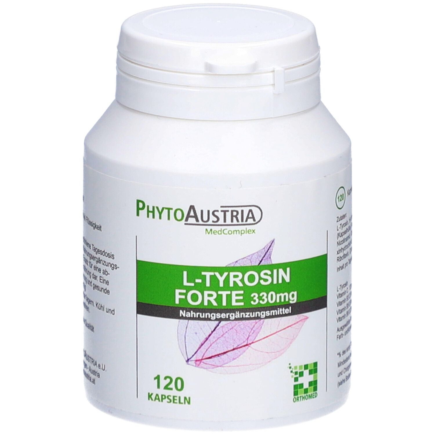 Weiße Flasche mit grünem Etikett. Aufschrift: L-Tyrosin Forte 330mg, 120 Kapseln. Marke: PhytoAustria.