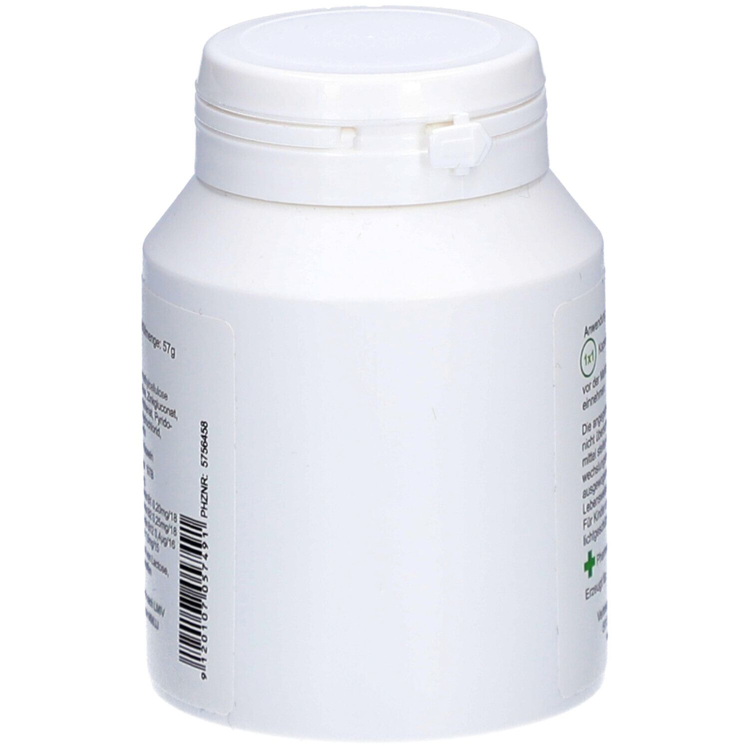 Weiße Flasche, Seitenansicht. Aufschrift und Etikett mit Produktinformationen. Marke: PhytoAustria.