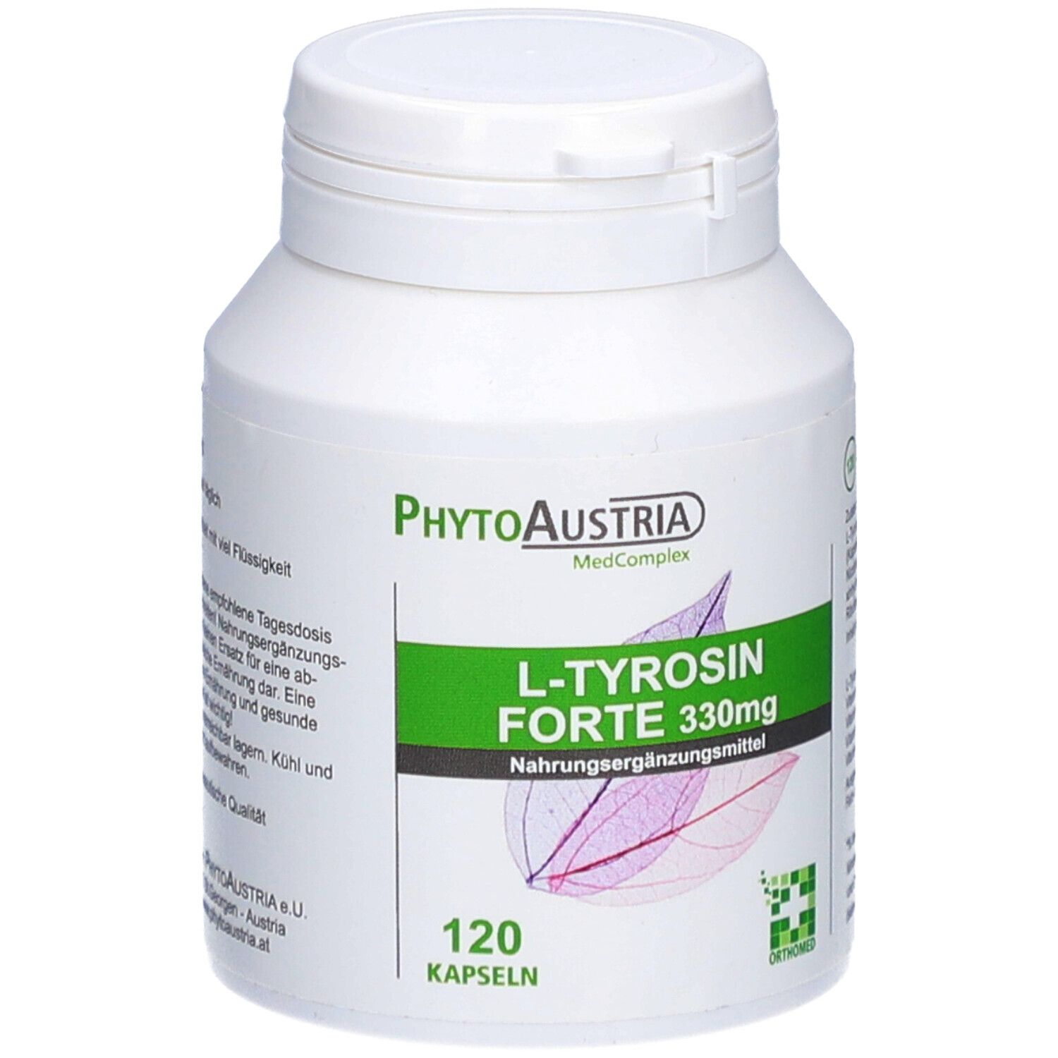 Weiße Flasche mit grünem Etikett. Aufschrift: L-Tyrosin Forte 330mg, 120 Kapseln. Marke: PhytoAustria.