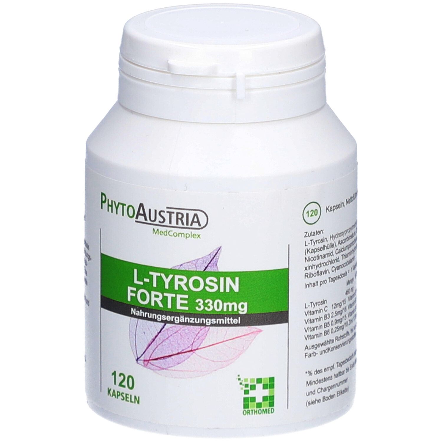 Weiße Flasche mit grünem Etikett. Aufschrift: L-Tyrosin Forte 330mg, 120 Kapseln. Marke: PhytoAustria.