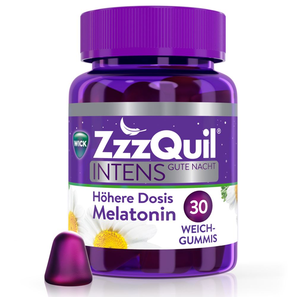 Flasche WICK ZzzQuil INTENS Gute Nacht. 30 Weichgummis. Lila Kappe, Etikett mit Produktinformationen.