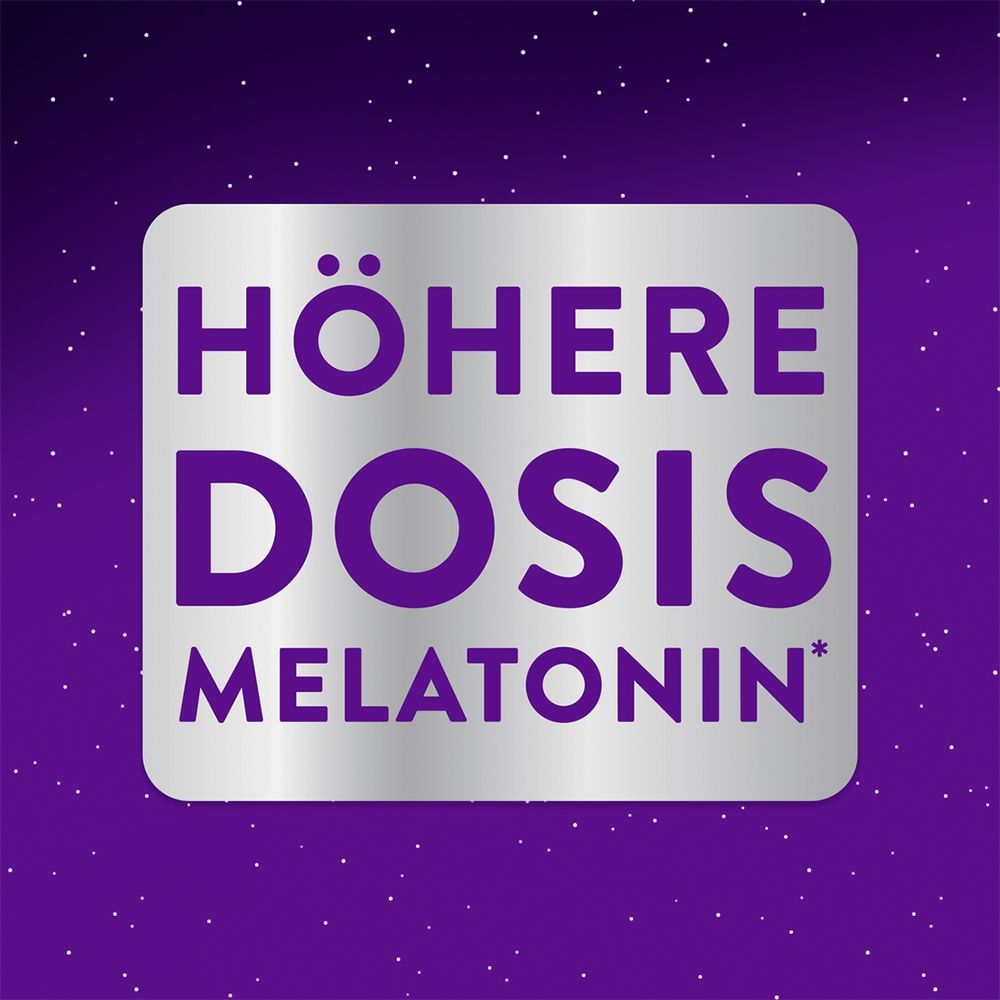 Text auf silbernem Hintergrund: Höhere Dosis Melatonin.
