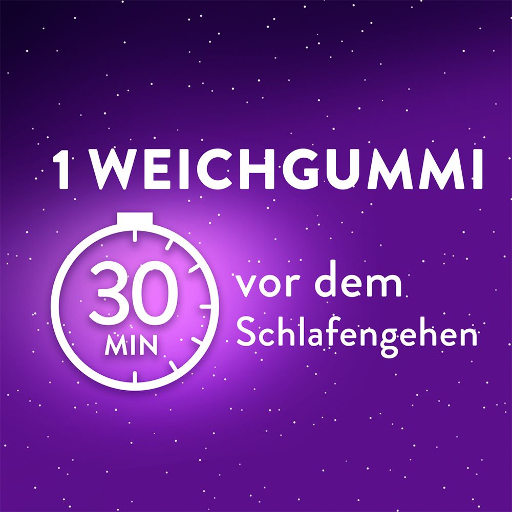Uhr mit Text: 1 Weichgummi 30 Minuten vor dem Schlafengehen.