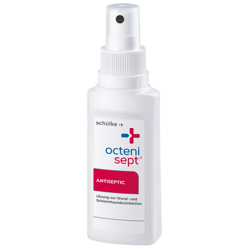 Weißes Spray mit roter und blauer Beschriftung. Produktname und „Antiseptic“ deutlich sichtbar.