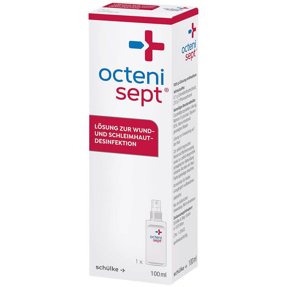 Produktverpackung mit Sprayflasche. Rote und blaue Beschriftung. Produktname und „Antiseptic“ sichtbar.