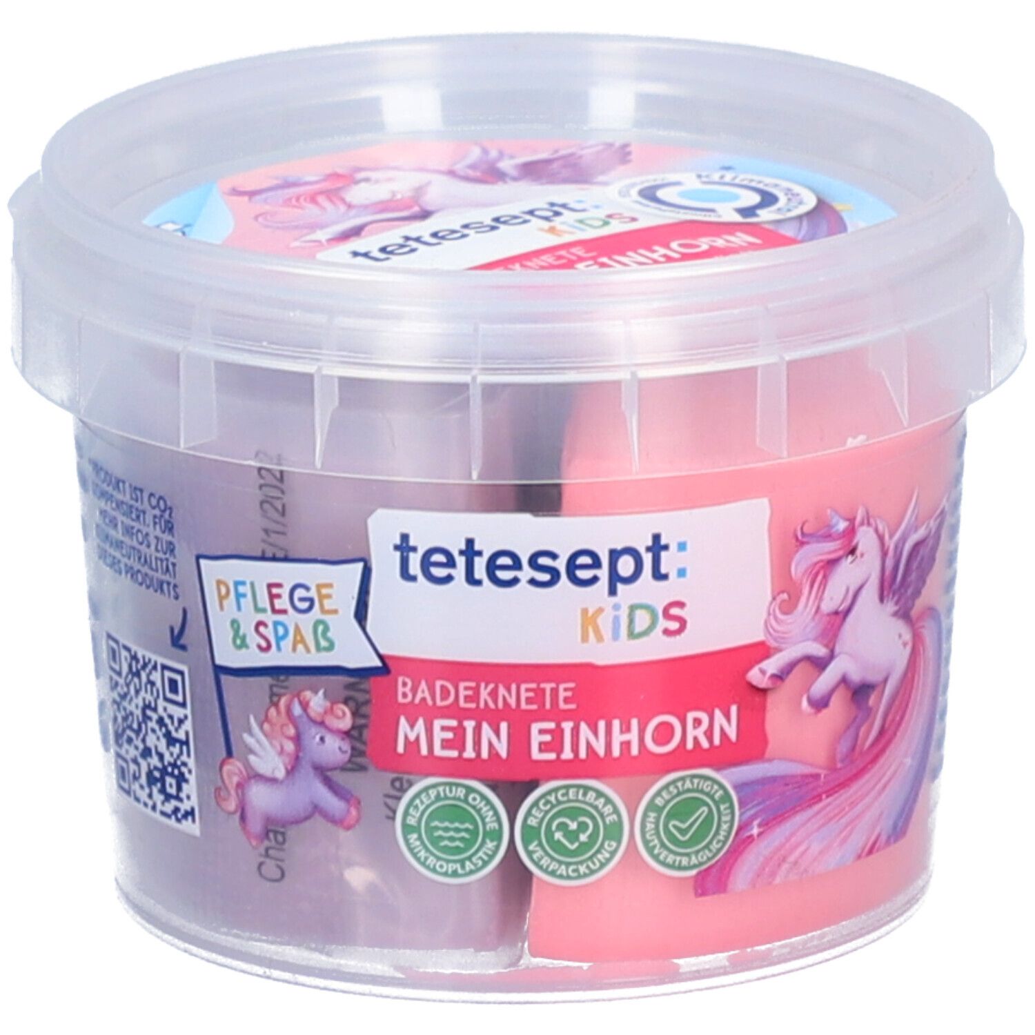 Badeknete in einem transparenten Behälter. Auf dem Deckel und der Vorderseite sind Logos und ein Einhorn abgebildet. Der Behälter ist zweifarbig gefüllt.