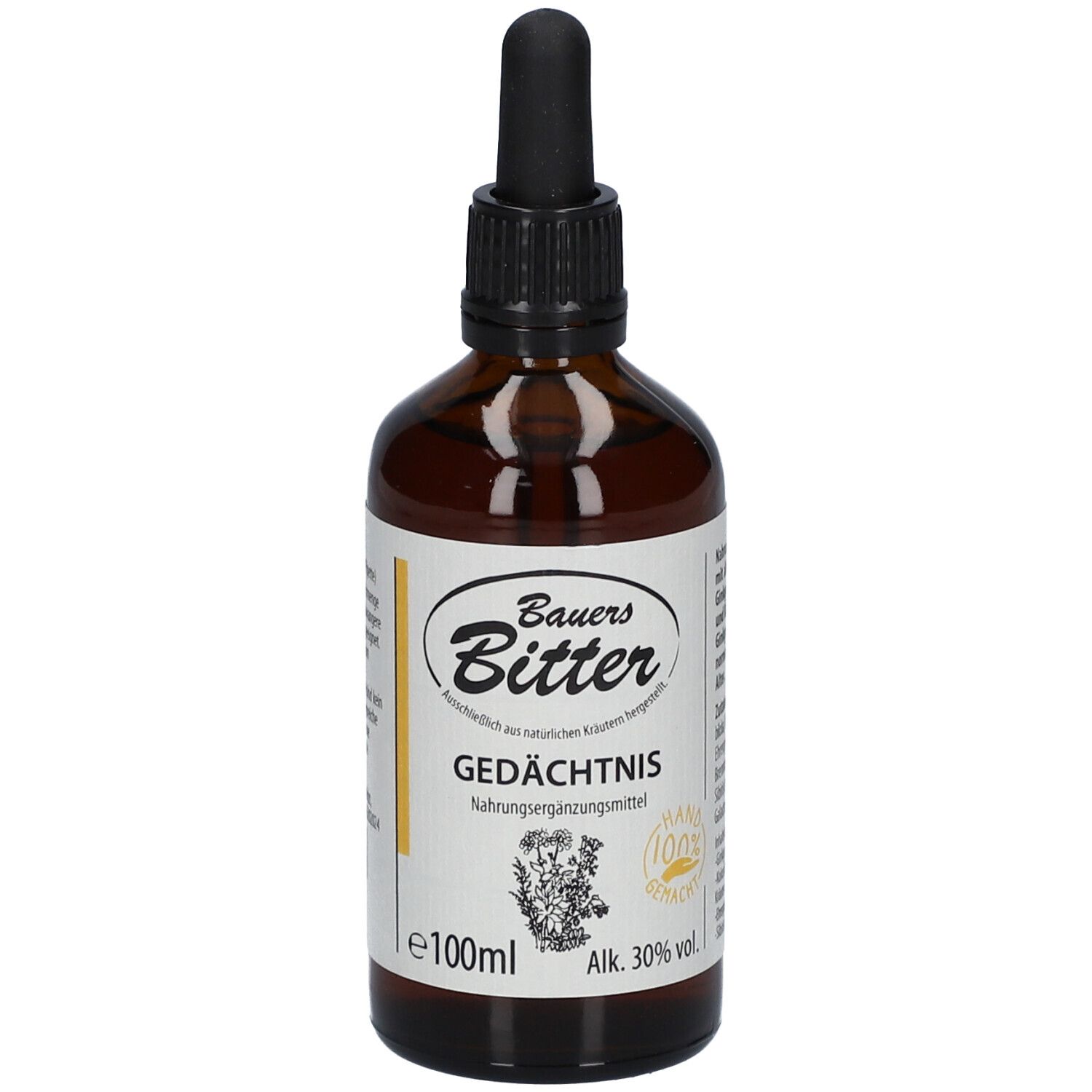 Braune Glasflasche mit schwarzem Tropfer. Etikett mit "Bauer's Bitter Gedächtnis", 100ml, 30% vol. und Kräuterabbildung.
