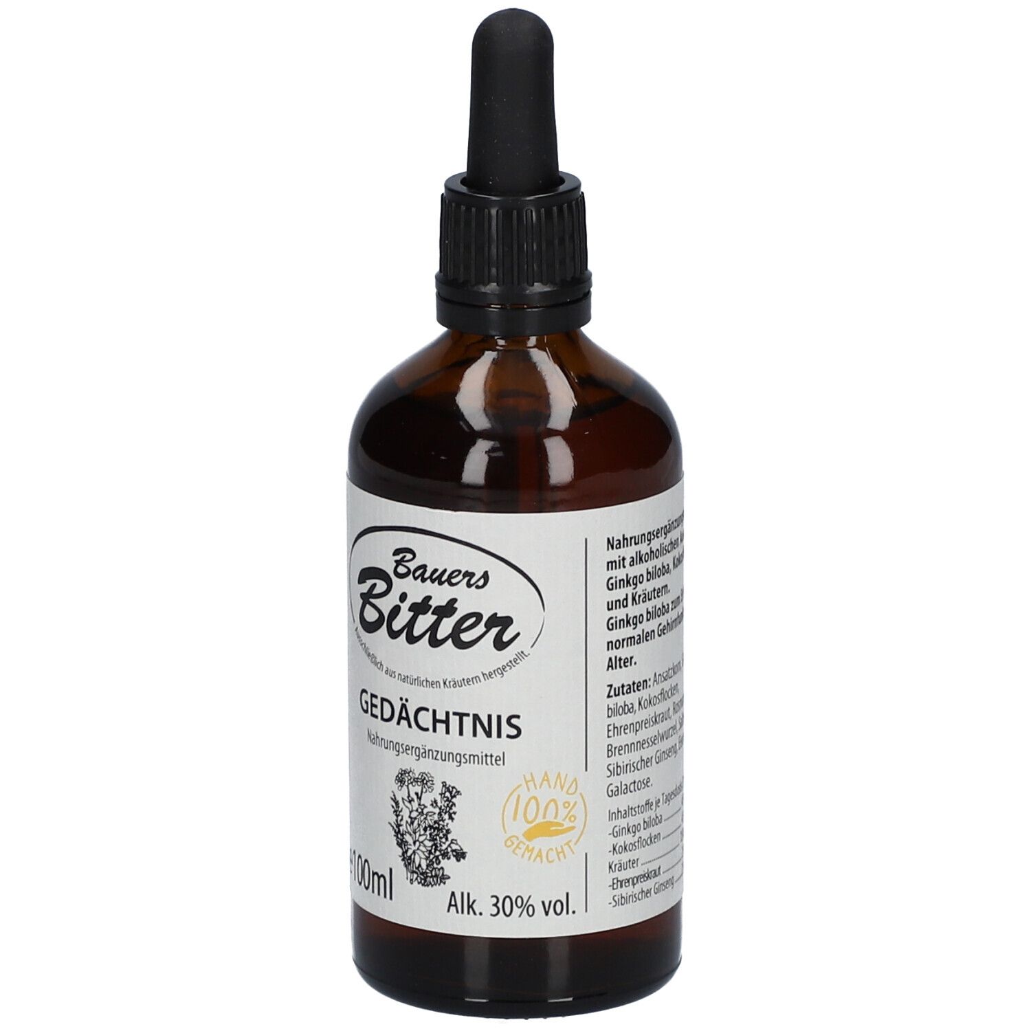 Braune Glasflasche mit Tropfer. Etikett mit "Bauer's Bitter Gedächtnis", 100ml, 30% vol. und Kräuterabbildung. Zutatenliste.