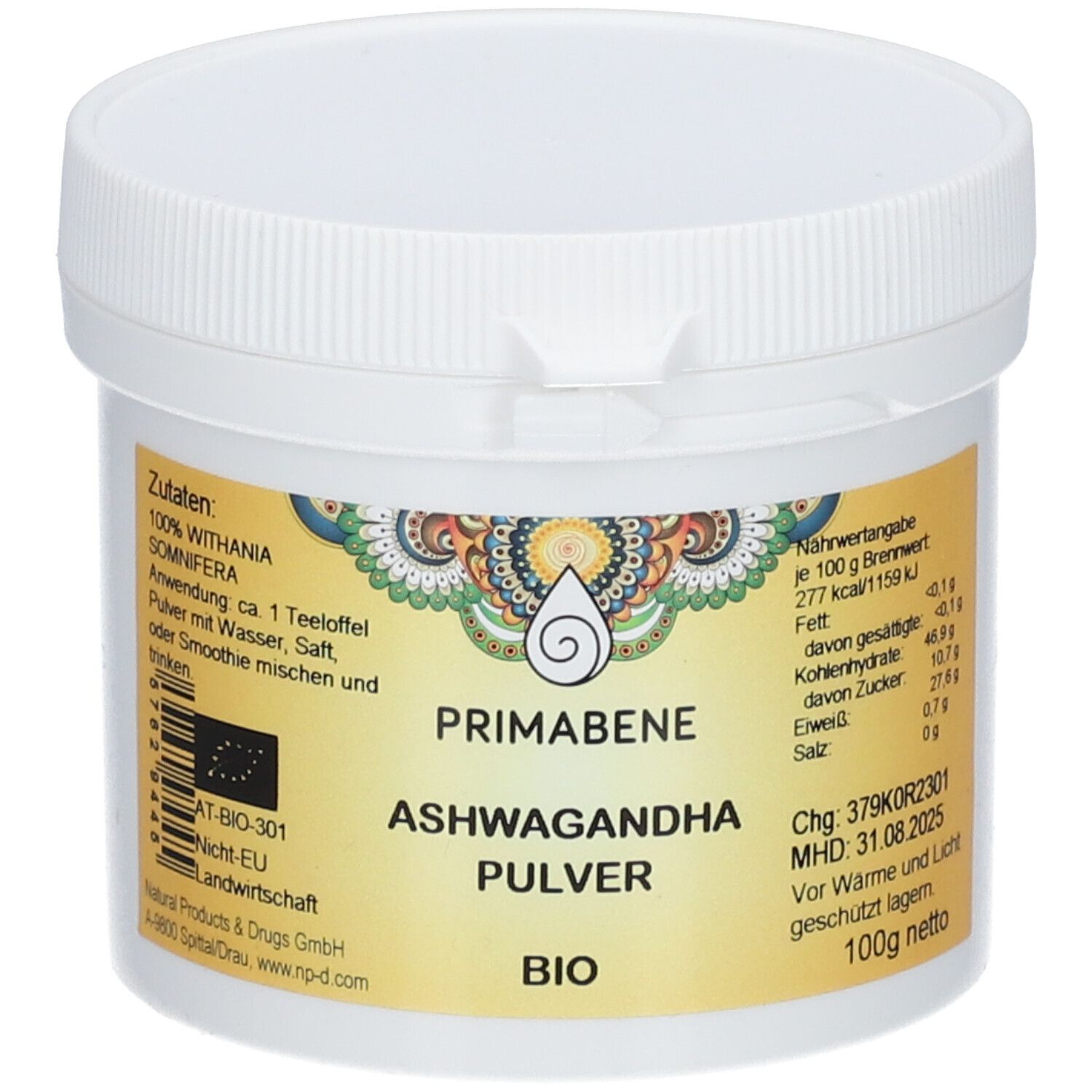 Pot blanc avec couvercle à vis. Étiquette avec nom du produit PRIMABENE ASHWAGANDHA PULVER, label bio et informations nutritionnelles.