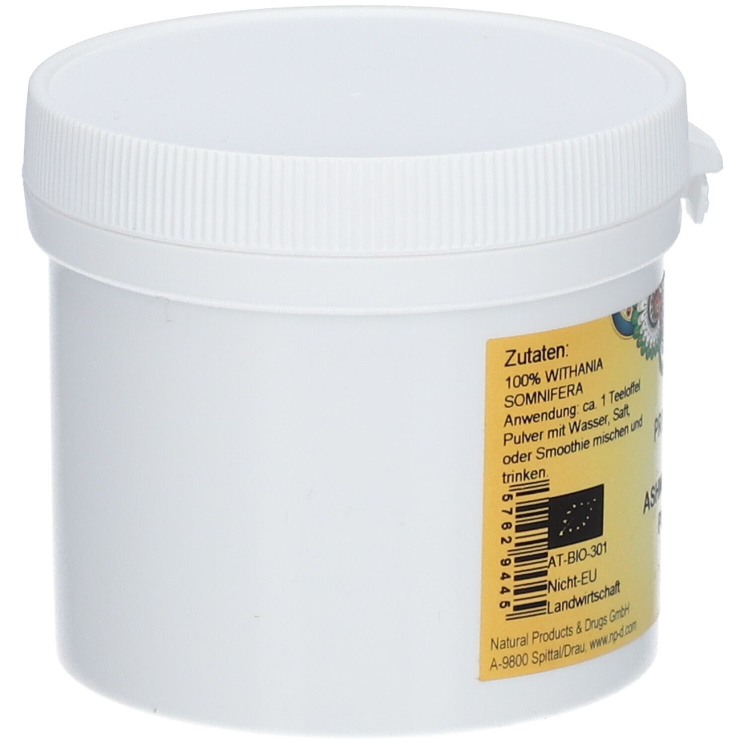Pot blanc avec couvercle à vis. Étiquette avec ingrédients, label bio et code-barres.