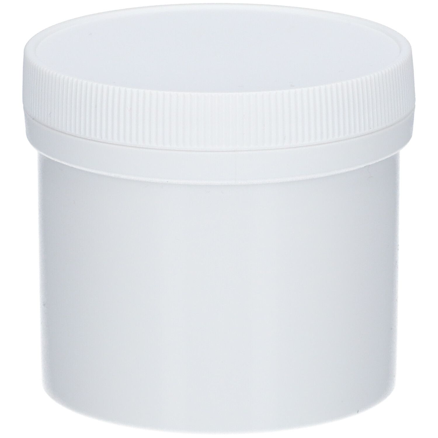 Récipient cylindrique blanc avec couvercle à vis blanc. Surface lisse, sans inscription.