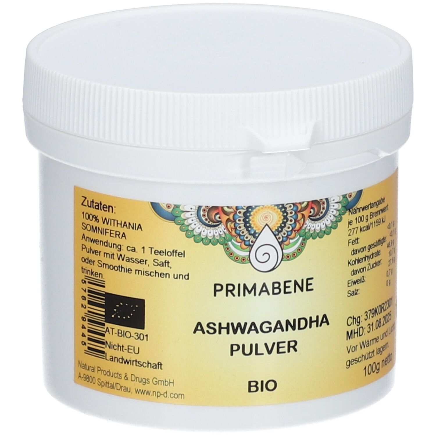 Pot blanc avec couvercle à vis. Étiquette avec nom du produit PRIMABENE ASHWAGANDHA PULVER, label bio et informations nutritionnelles.