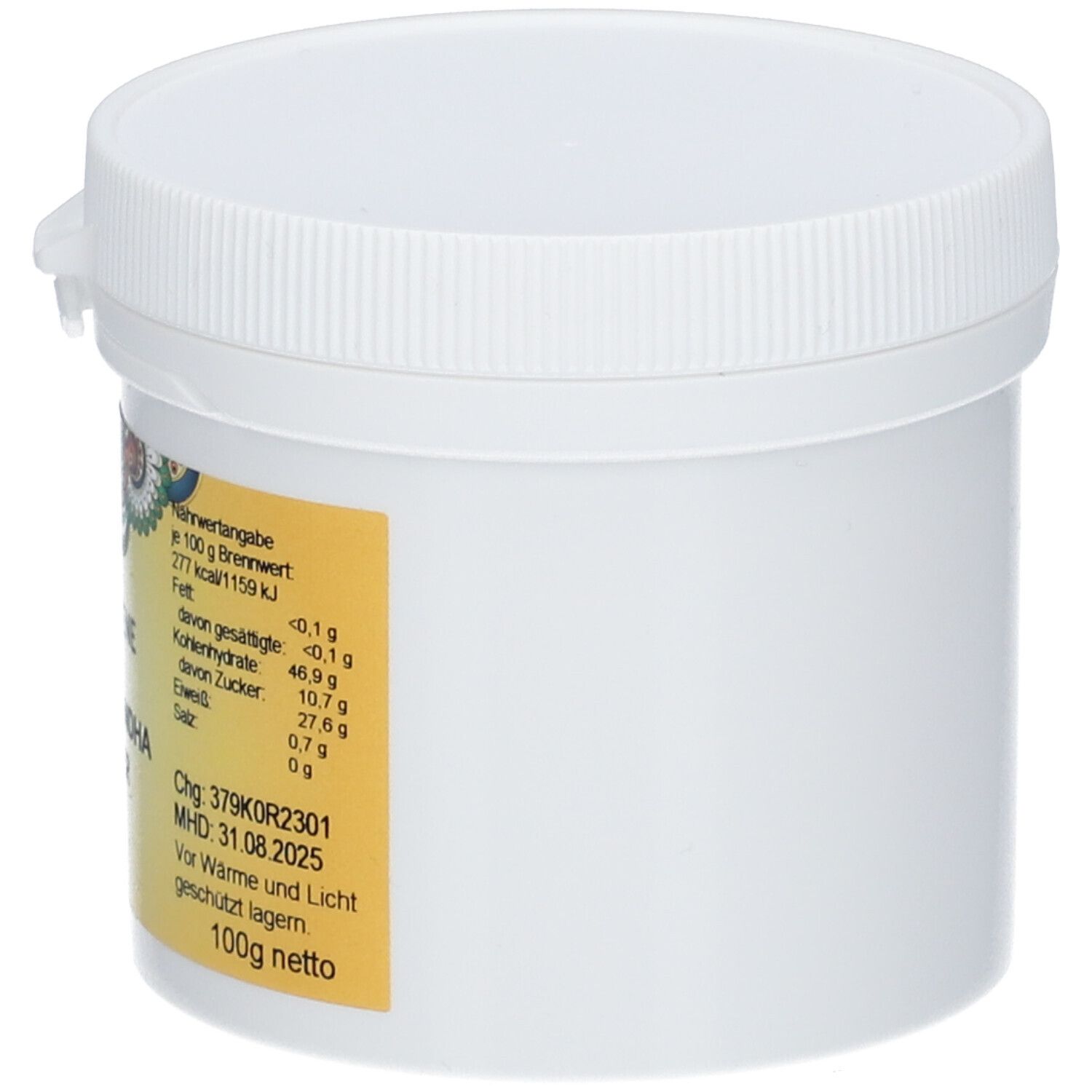 Pot blanc avec couvercle à vis. Étiquette avec nom du produit PRIMABENE ASHWAGANDHA PULVER, label bio et informations nutritionnelles.