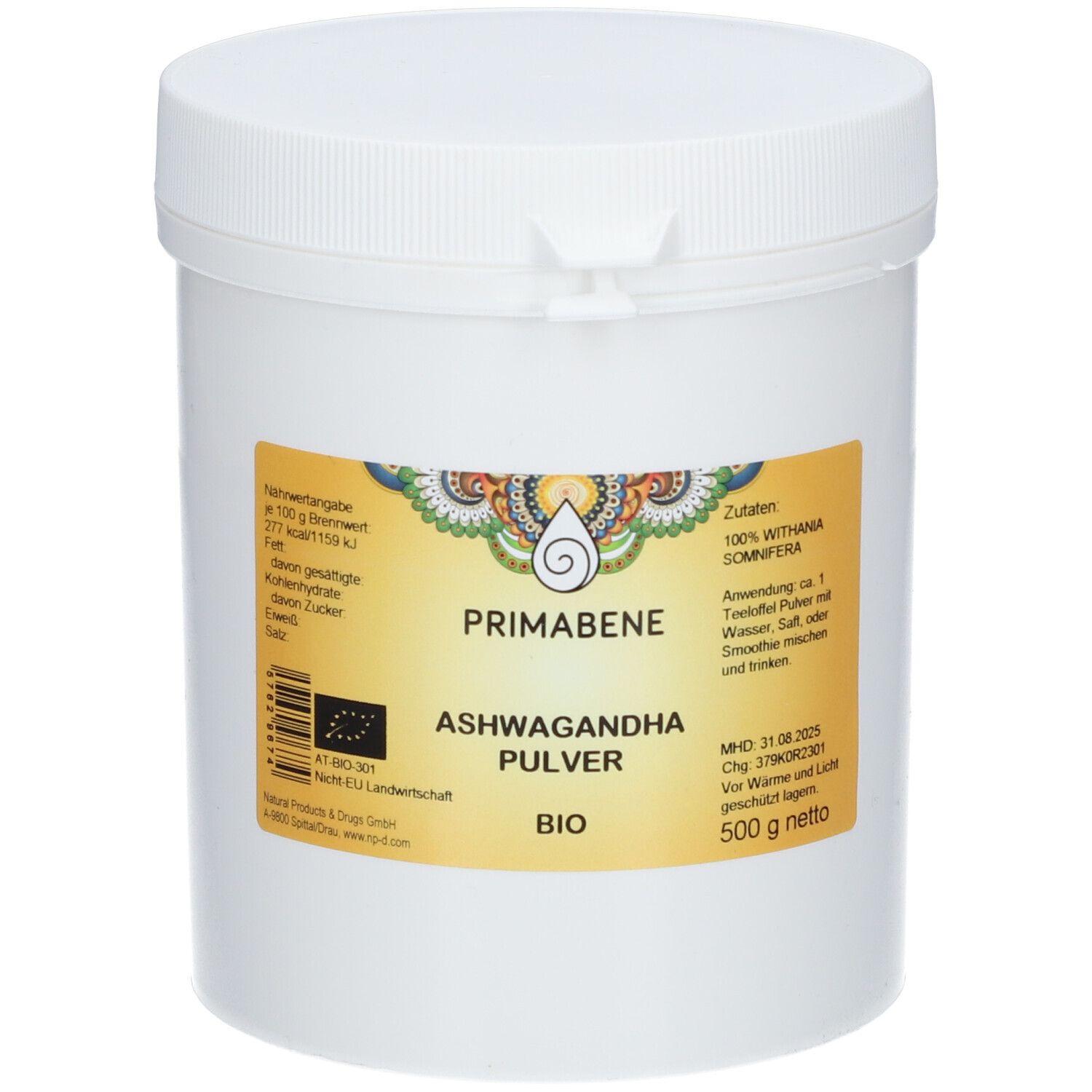 Weißer Behälter mit Deckel. Aufkleber mit Produktbezeichnung: PRIMABENE ASHWAGANDHA PULVER BIO. Mit Nährwertangaben und Zutaten.