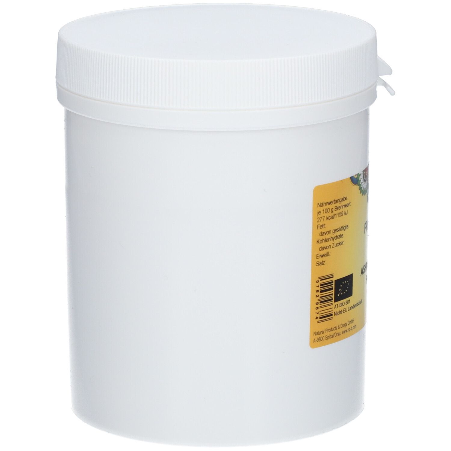 Weißer zylindrischer Behälter mit Deckel. Aufkleber mit Produktinformationen auf der Seite. EU-Bio-Logo.