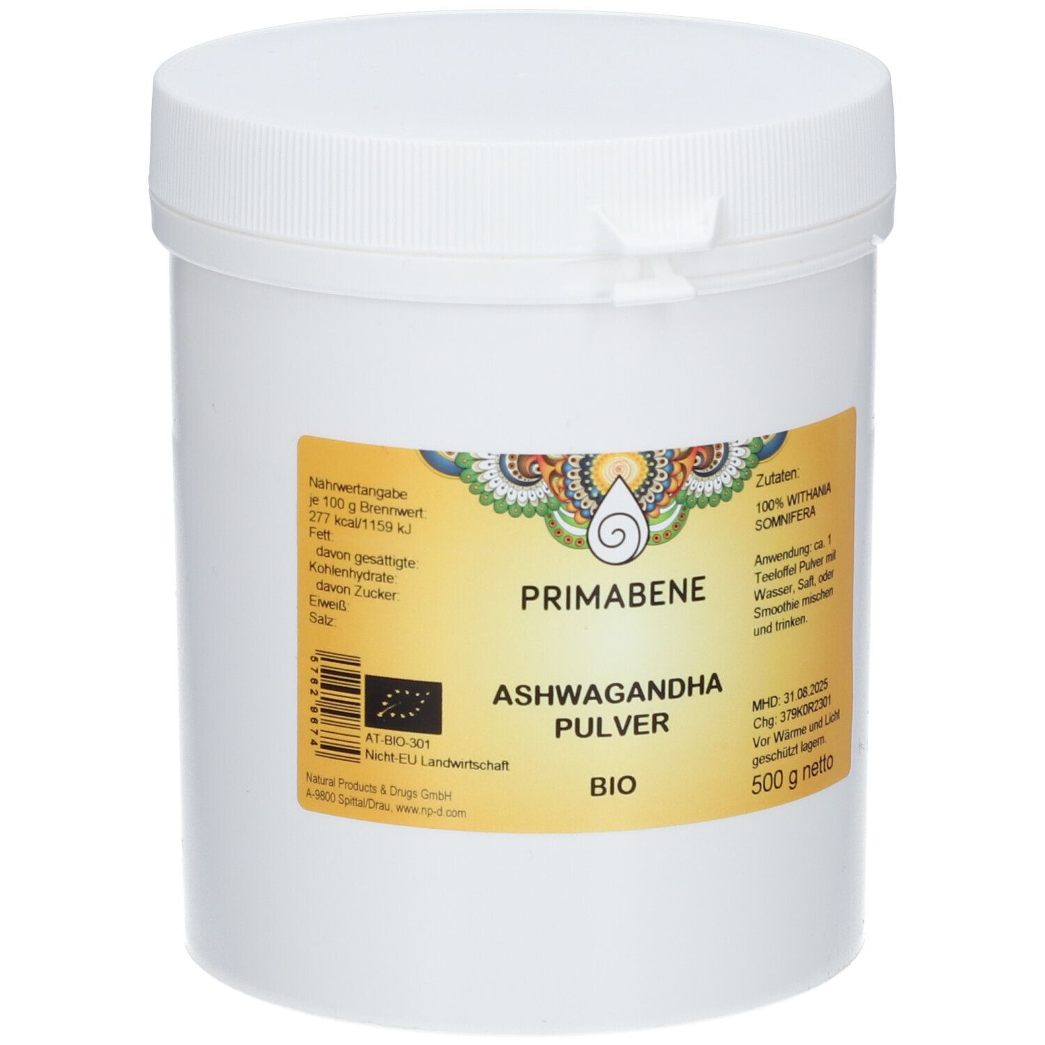 Weißer Behälter mit Deckel. Aufkleber mit Produktbezeichnung: PRIMABENE ASHWAGANDHA PULVER BIO. Mit Nährwertangaben und Zutaten.
