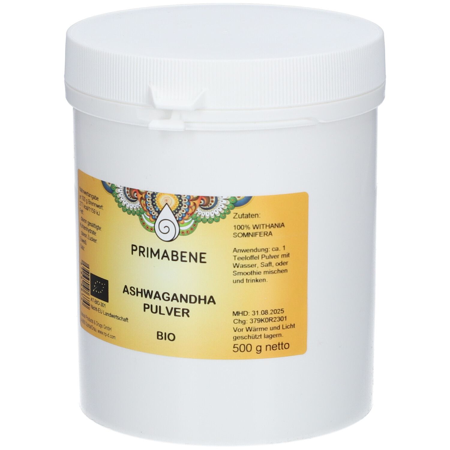 Weißer Behälter mit Deckel. Aufkleber mit Produktbezeichnung: PRIMABENE ASHWAGANDHA PULVER BIO. Mit Nährwertangaben und Zutaten.