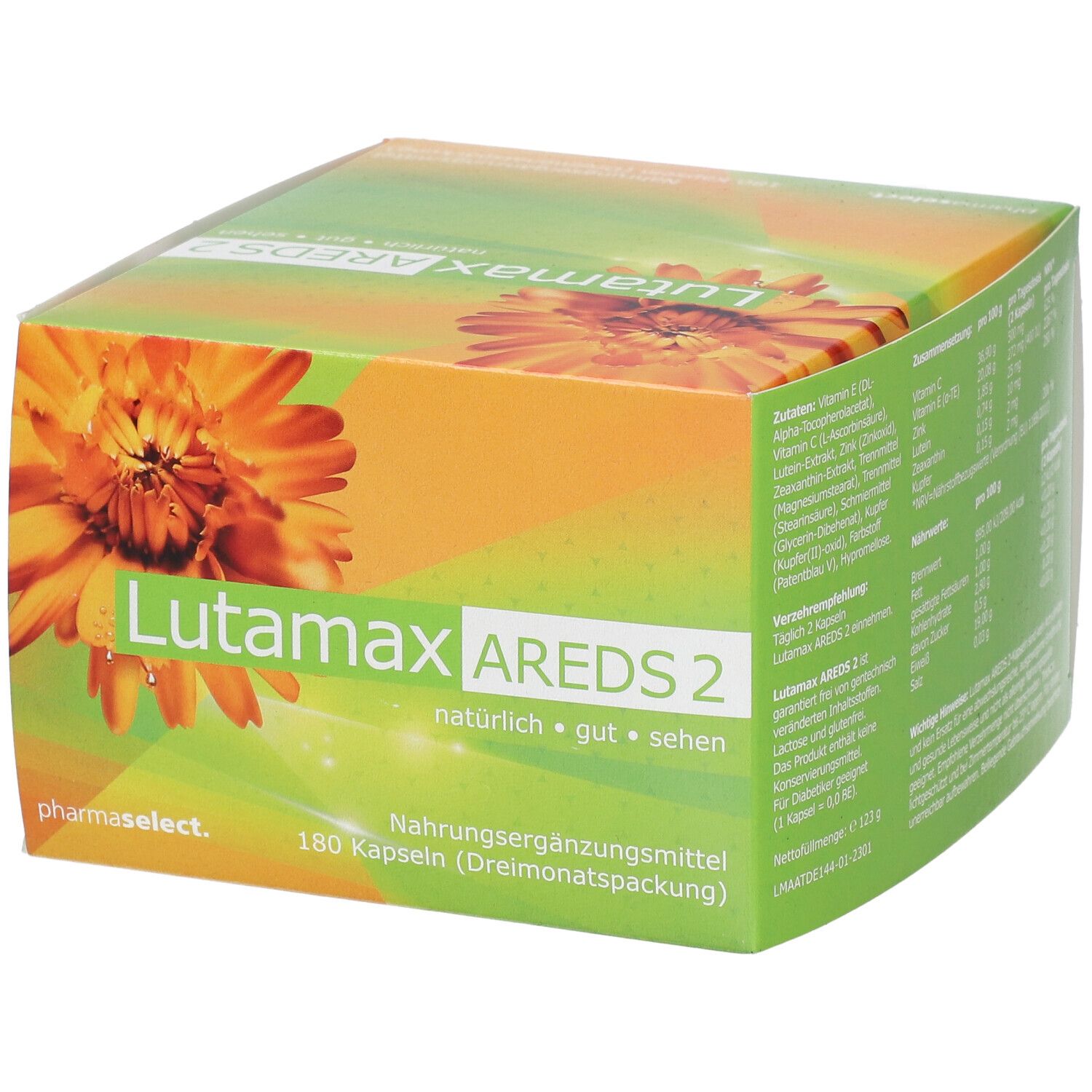 Verpackung von Lutamax AREDS 2. Grün-orangefarbene Schachtel mit Produktnamen und floralem Design. Enthält 180 Kapseln.